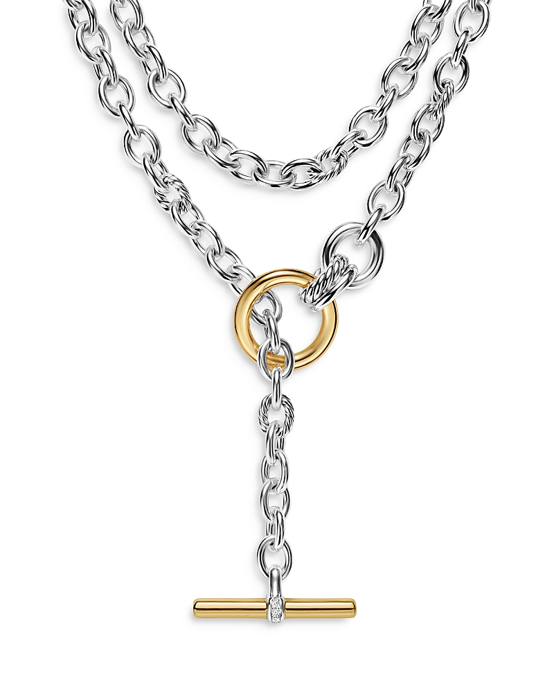 David Yurman Mercer Double Row Toggle Chain Necklace in Sterling Silver with 18K Yellow Gold and Diamonds, 12.7mm