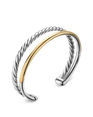 Two Row Cuff Bracelet in Sterling Silver with 18K Yellow Gold, 8mm