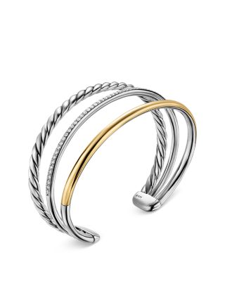 DY Mercer Three Row Cuff Bracelet in Sterling Silver with 18K Yellow Gold and Diamonds, 10mm