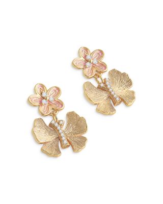Pav&eacute; Butterfly & Flower Drop Earrings in 18K Gold Plated