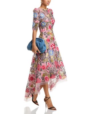 Embroidered Floral High Low Fit and Flare Dress