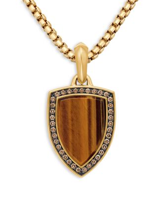 Shield Amulet Pendant in 18K Yellow Gold with Tiger's Eye and Pav&eacute; Cognac Diamonds