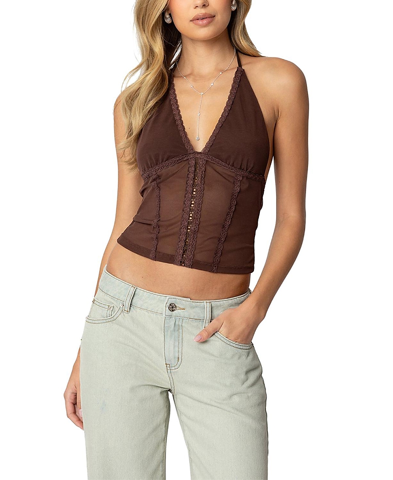 EDIKTED LUCIE LACEY MESH HALTER TOP