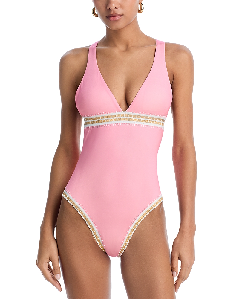 Platinum Inspired By Solange Ferrarini Halter One Piece Swimsuit In Pink Sands