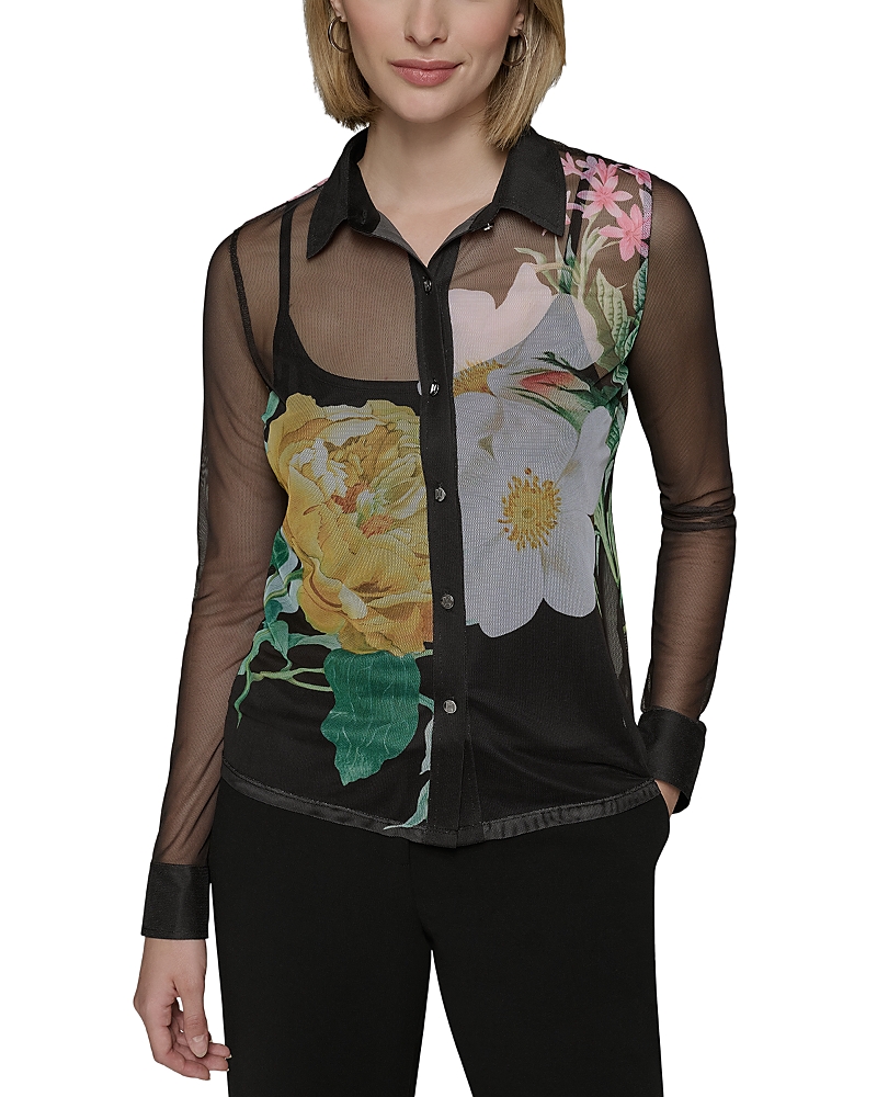 Shop Karl Lagerfeld Floral Print Mesh Shirt In Black