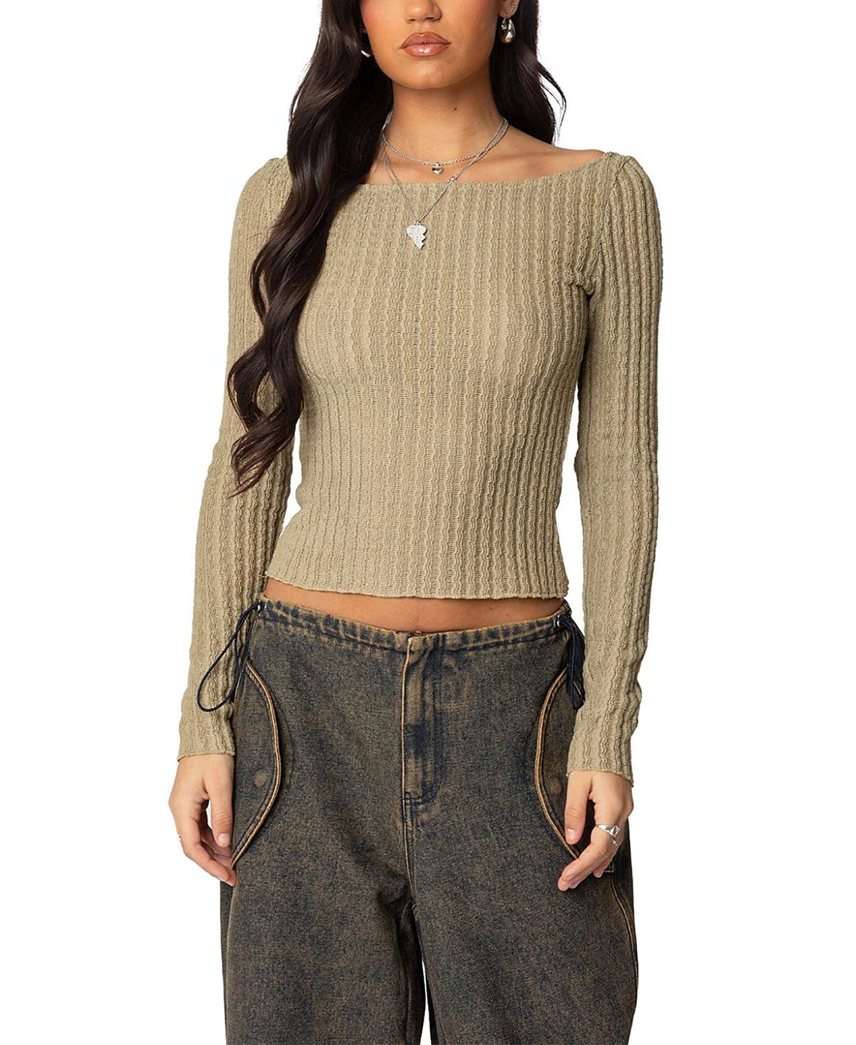 Edikted Textured Sheer Boat Neck Top