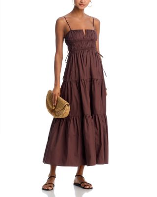 Shirred Cotton Poplin Midi Dress