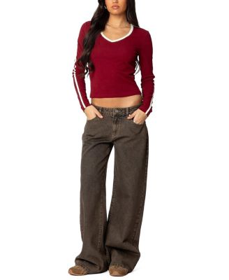 Contrast V Neck Long Sleeve T-Shirt