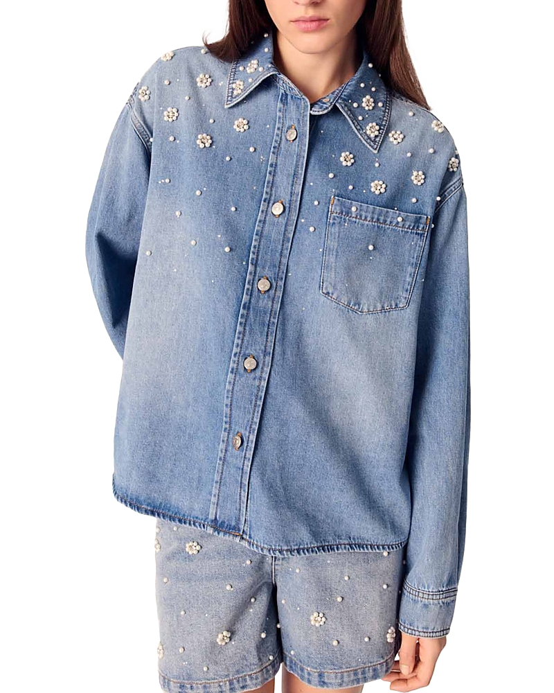 Maje Denim Shirt With Embroidered Beads In Blue