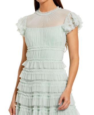 Mesh Micro Ruffle High Neck Cap Sleeve Midi Dress