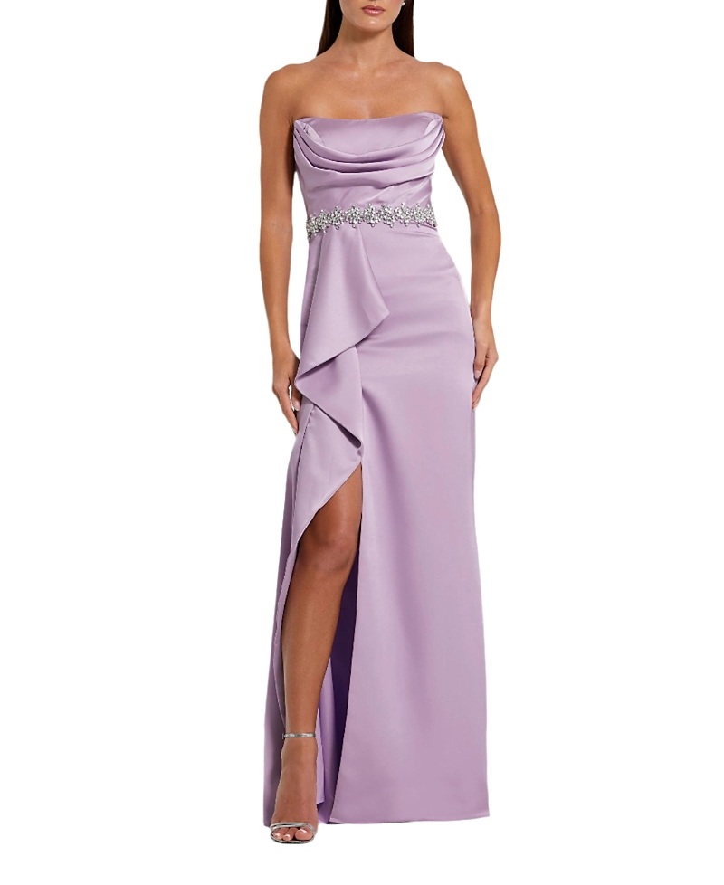 Mac Duggal Strapless Satin Gown With Embellished Belt Detail In Lilac