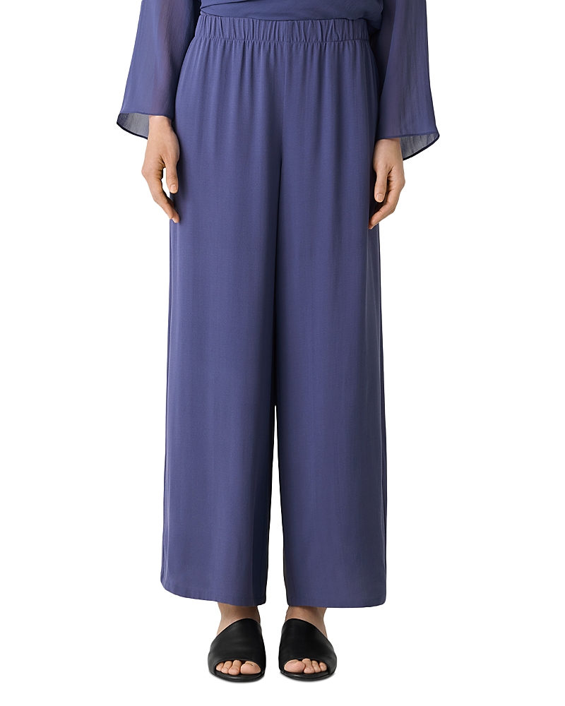 Shop Eileen Fisher Silk Georgette Crepe Wide Leg Pull On Ankle Pants In Bluet