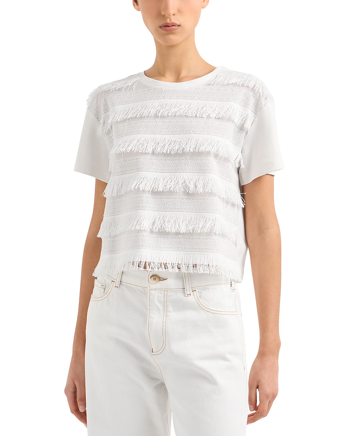 Emporio Armani Fringe And Tonal Embroidered Logo T Shirt