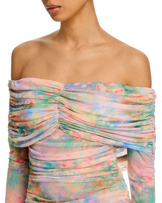 Fay Printed Ruched Off The Shoulder Mini Dress