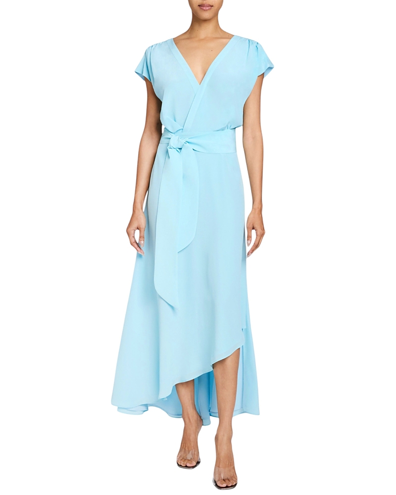 Santorelli Fallon Cap Sleeve Midi Fit And Flare Dress With Hi-lo Skirt In Silk Crepe De Chine In Ocean Mist
