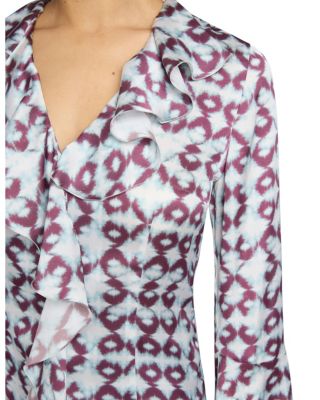 SYDNEY Long Sleeve Button Down Blouse with Ruffles in Graphic Printed Charmeuse