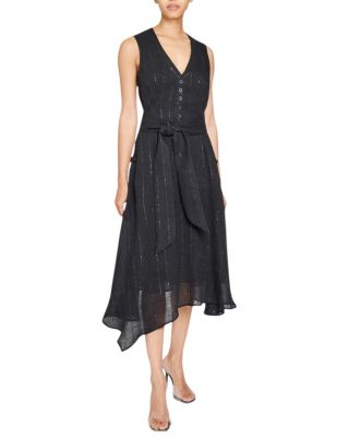 NIA Sleeveless Midi Dress with Asymmetric Hemline and Button Details in Metallic Striped Linen