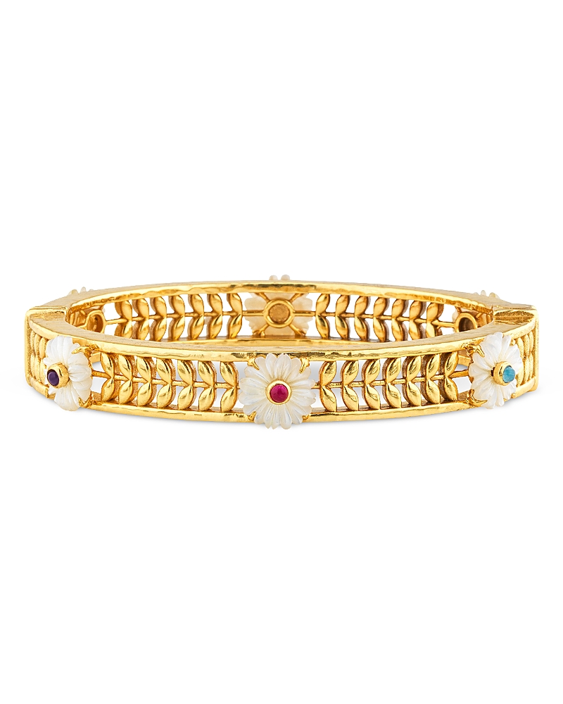Capucine De Wulf Villandry Dyed Jade & Mother Of Pearl Fleur Vine Bangle Bracelet In 18k Gold Plated In Gold