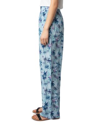Pin Sunset Palm Mist Print Silk Pants 