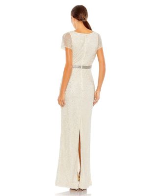  Beaded Butterfly Sleeve Column Gown