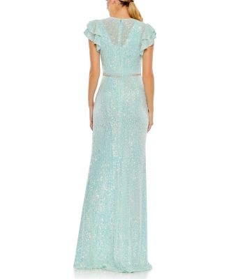 Sequined High Neck Flutter Sleeve Gown