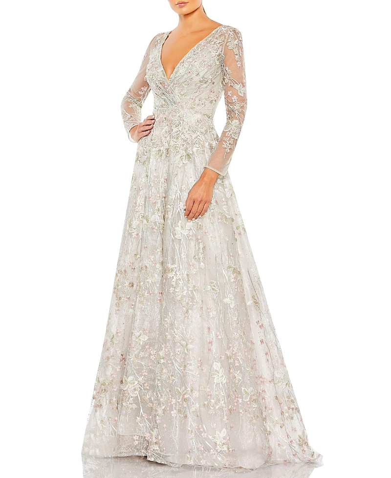 Mac Duggal Embellished Wrap Over Illusion Long Sleeve A-line Dress In Pastel Multi