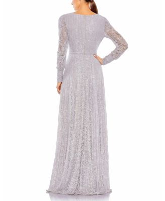 Beaded Lace Long Sleeve Wrap Over Gown