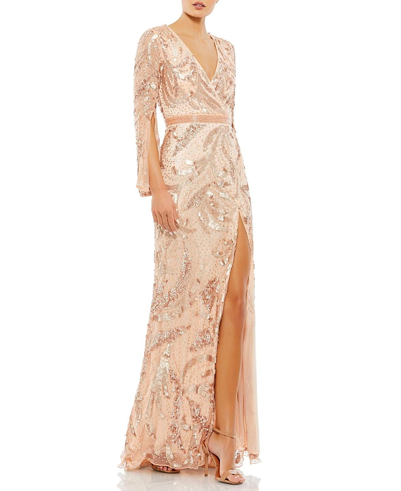 Mac Duggal Sequined Faux Wrap Split Long Sleeve Gown In Rose Gold