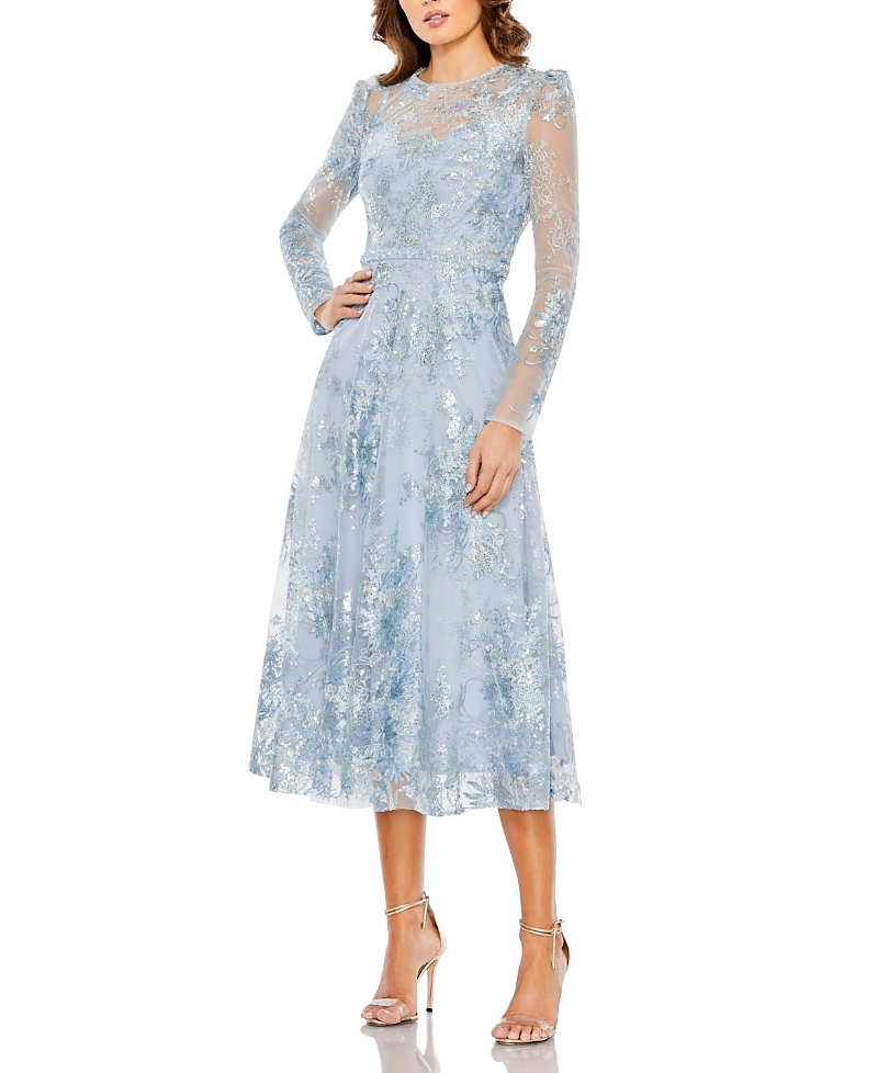 Mac Duggal Blue Embellished Illusion Long Sleeve Midi Dress In Powder Blue