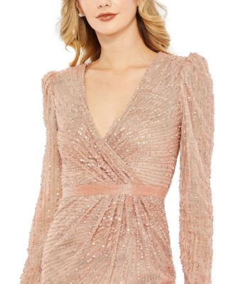 Sequined Wrap Over Long Sleeve Gown