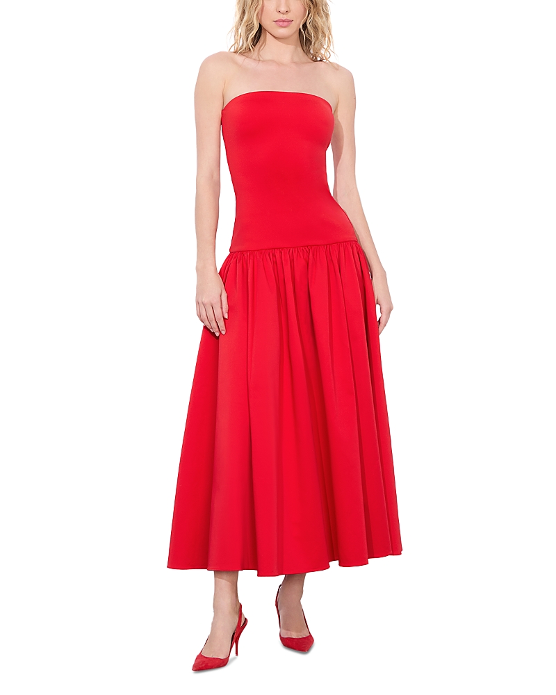 Shop Alice And Olivia Oriana Strapless Drop Waist Dress In Bright Ruby