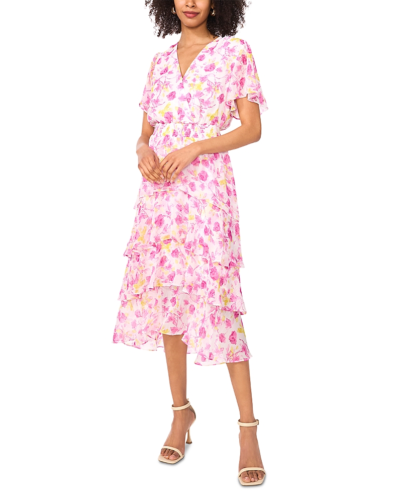 Vince Camuto Floral Print Flutter Sleeve Tiered Ruffle Midi Dress