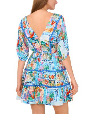Printed Tie Front Three Tier Mini Dress
