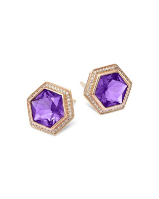 Amethyst & Diamond Bezel Stud Earrings in 14K Rose Gold