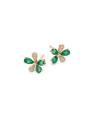 Emerald & Diamond Flower Stud Earrings in 14K Yellow Gold