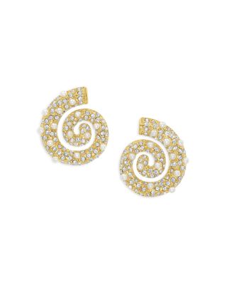 Pav&eacute; & Imitation Pearl Swirl Drop Earrings in 18K Gold Plated Stainless Steel