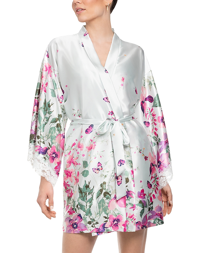 In Bloom By Jonquil Satin Floral Border Wrap Robe In Pale Sage