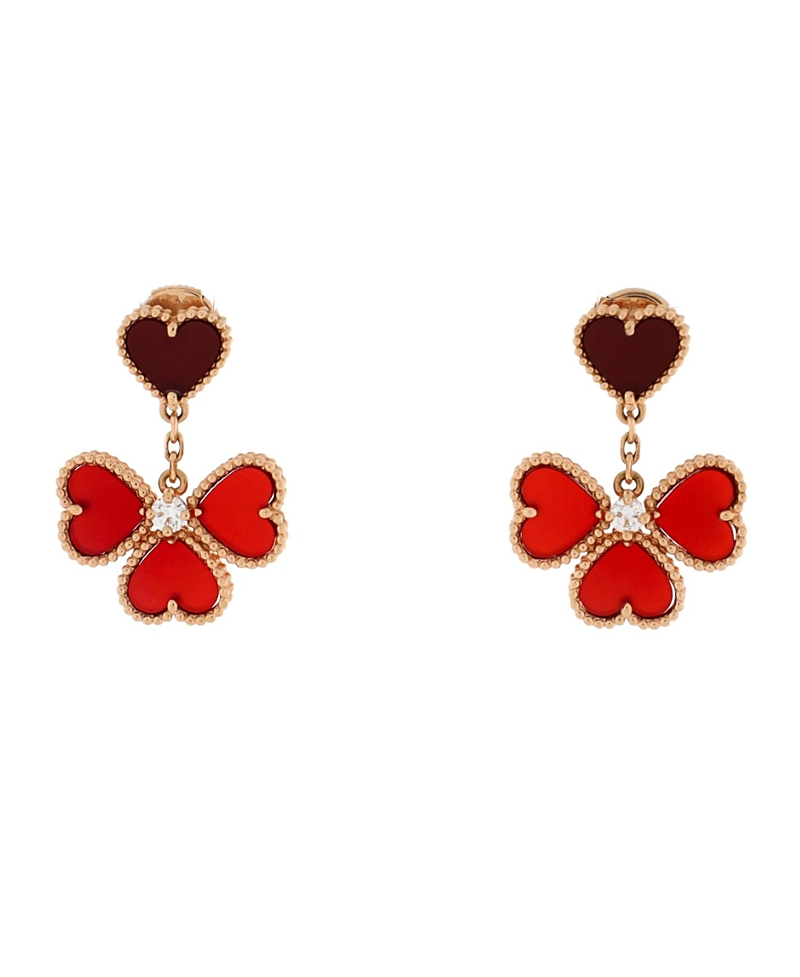 Pre-owned Pre-owned Van Cleef & Arpels Van Cleef & Arpels Sweet Alhambra Effeuillage Heart Earrings 18k Rose Gold With Carnelian