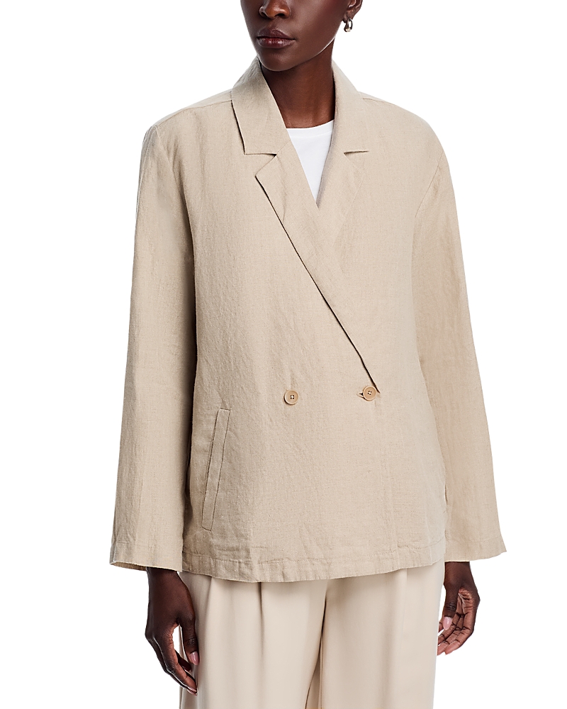 Eileen Fisher Notch Collar Double-breasted Long Blazer Linen In Unnatural
