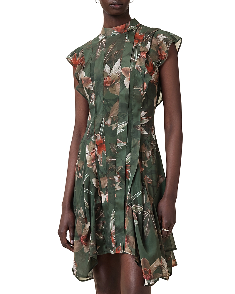 Allsaints Womens Adena Khaki Gr Fleur Floral-print Asymmetric-hem Woven Mini Dress