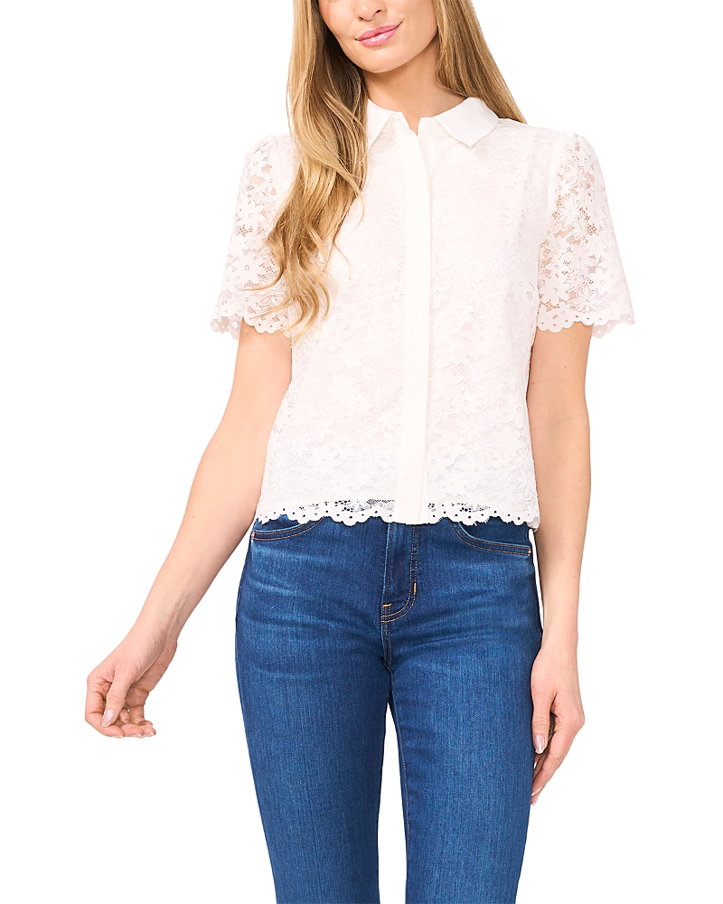 Cece Floral Lace Short Sleeve Button-up Shirt In New Ivory