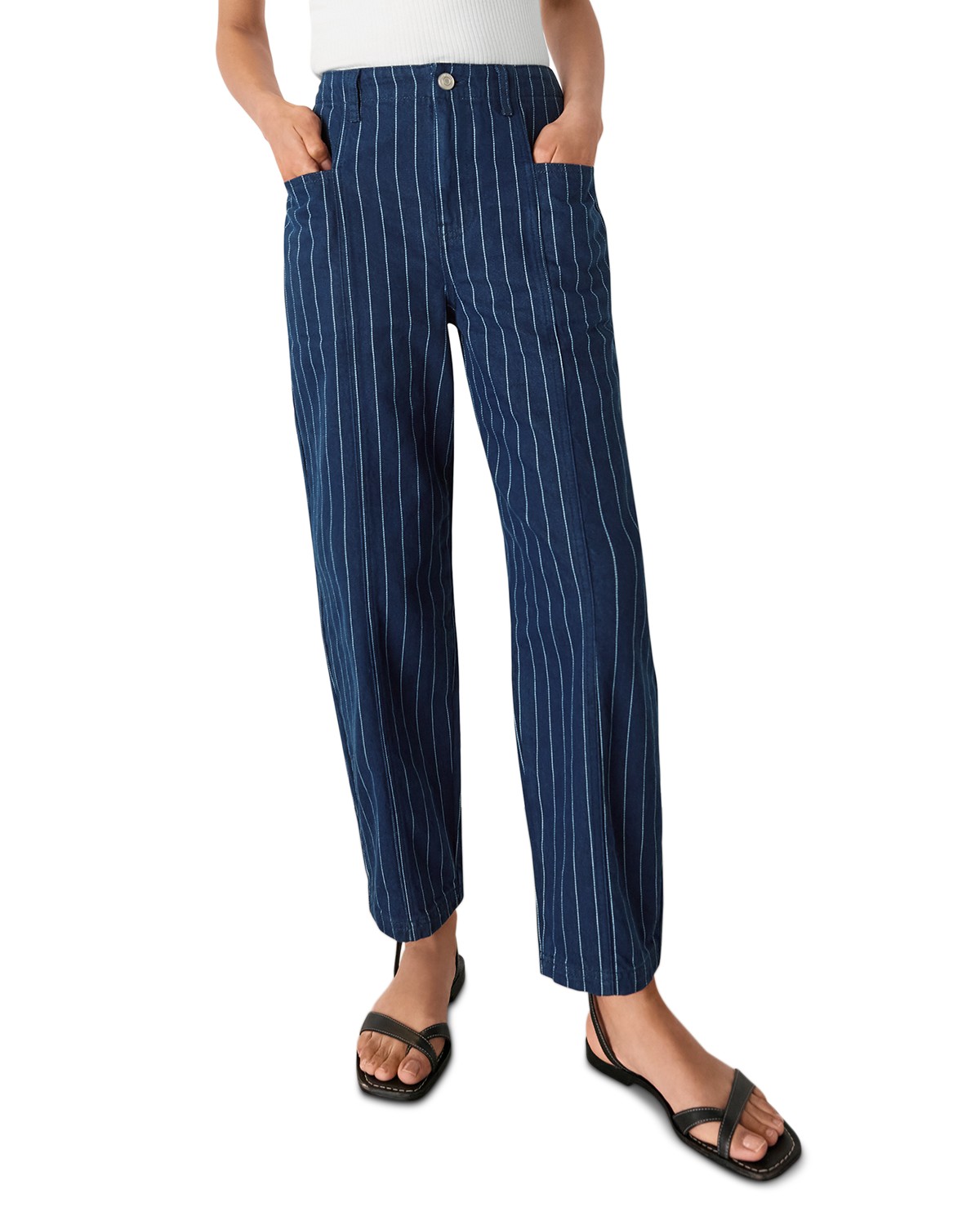 Pinstripe Barrel Leg High Rise Jeans in Navy/multi