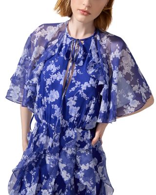Silk Short Sleeve Tie Cape Ruffle Dress