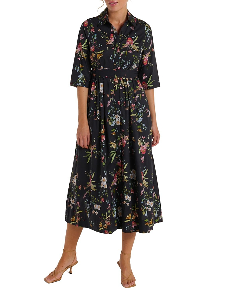 Hermoza Francesca Collared Belted Maxi Dress In Black Meadow In Gmb