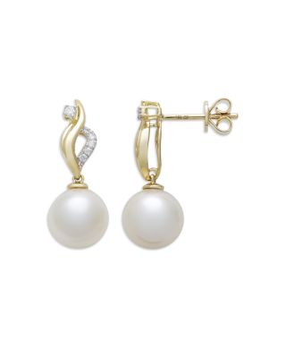 Cultured Freshwater Pearl & Diamond Swirl Drop Earrings in 14K Yellow Gold