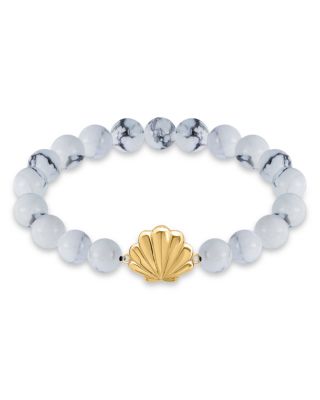 Clam Shell Charm Gemstone Beaded Stretch Bracelet in 18K Gold Plated Sterling Silver - Exclusive