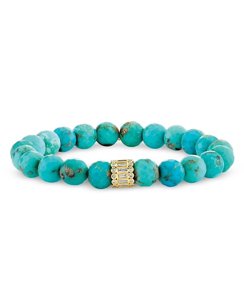 Sydney Evan 14k Yellow Gold Matrix Turquoise & Diamond Beaded Stretch Bracelet In Blue/gold