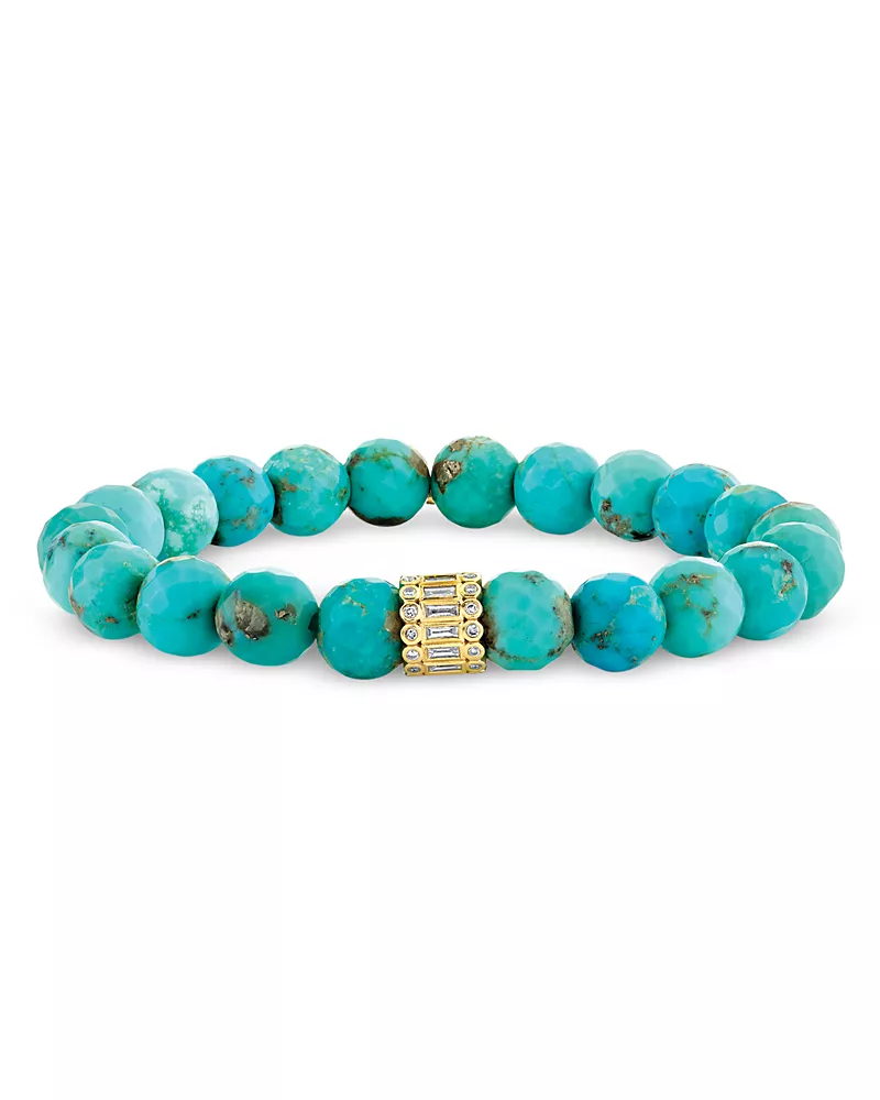 Sydney Evan 14K Yellow Gold Matrix Turquoise & Diamond Beaded Stretch Bracelet