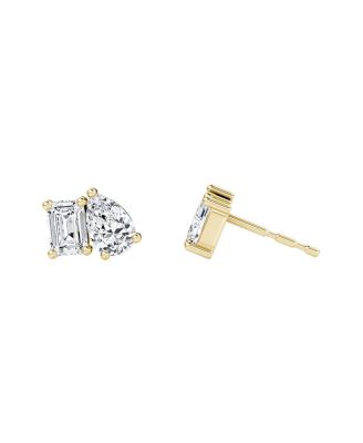 Toi et Moi Studs in 14K Gold, 1.0ctw Emerald & Pear Lab Created Diamonds, Pair