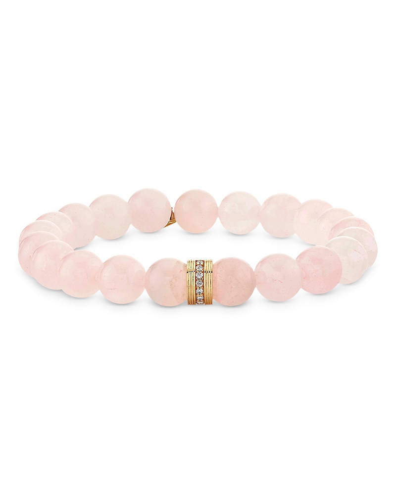 Sydney Evan 14k Yellow Gold Rose Quartz & Diamond Stretch Bracelet In Pink/gold